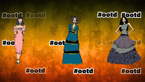 animación de dibujos de moda de modelos sobre un fondo naranja