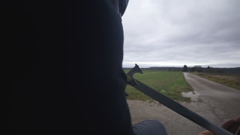 Modern-Black-Swordsman-Warrior-Awaiting-Battle-Opponent-in-Open-Field-Under-Grey-Sky,-Europe,-4K-|-Muscular,-Intimidating,-Shadow,-Figure,-Blurry,-Dark-Clothes,-Powerful,-Sitting,-Close-Up,-Examining