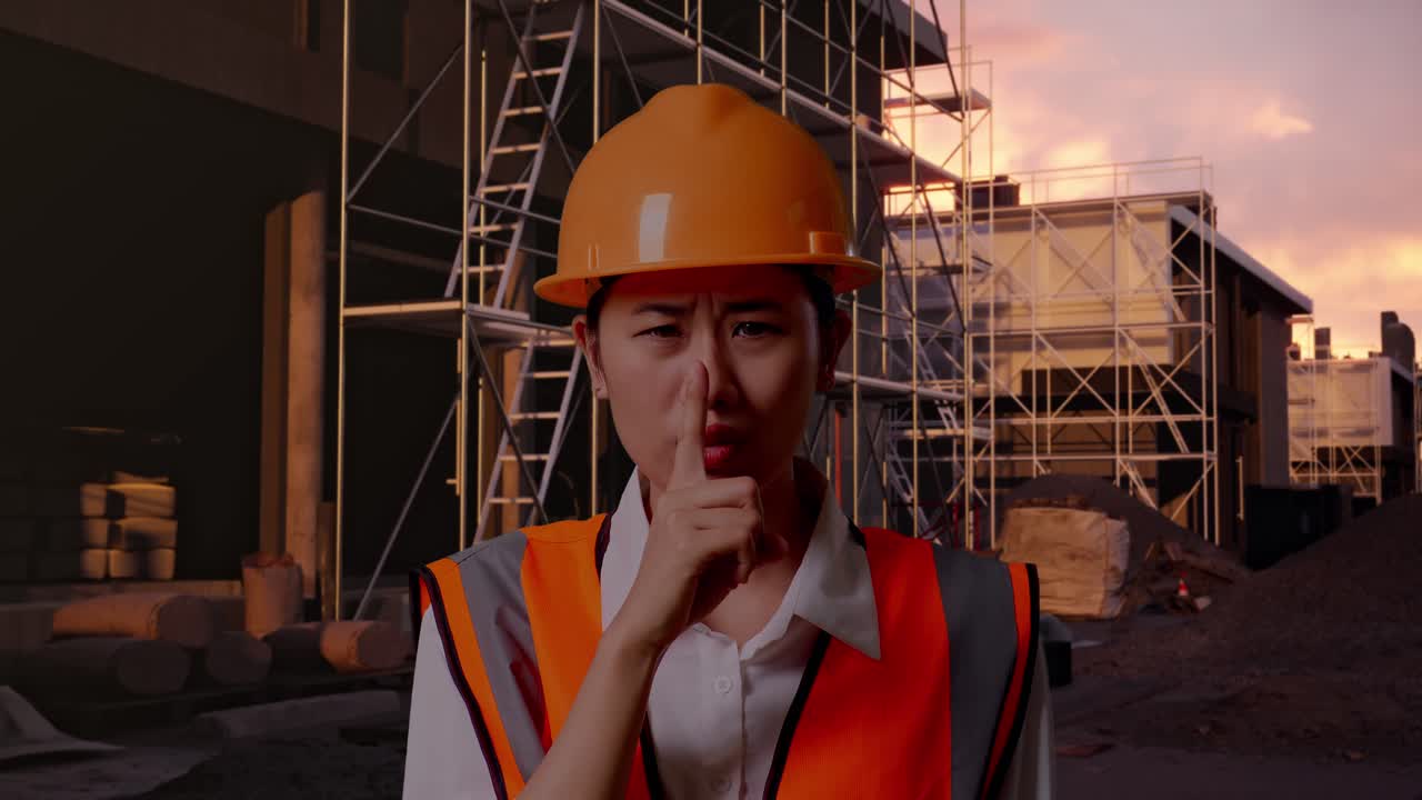 Close Up Of Asian Female Engineer With Safety Helmet Making Shh Gesture While Standing At Construction Site in Progress to New House