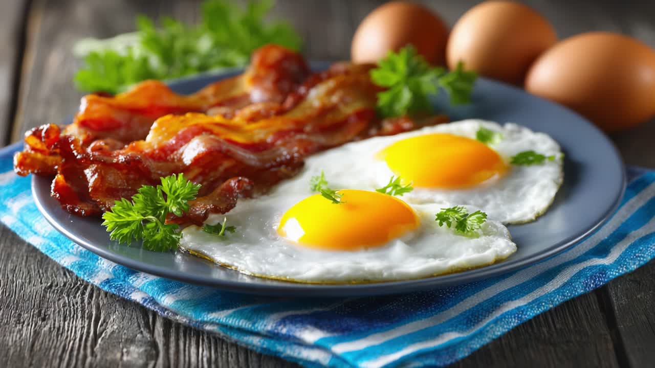 Hidangan Sarapan Lezat Menampilkan Telur Mata Sapi Keemasan, Bacon Renyah, dan Rempah Segar Disajikan di Piring Biru Cerah di Meja Kayu Pedesaan.