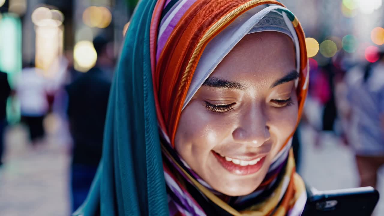 Close-up shot of a smiling woman in a colorful hijab, focused on her phone