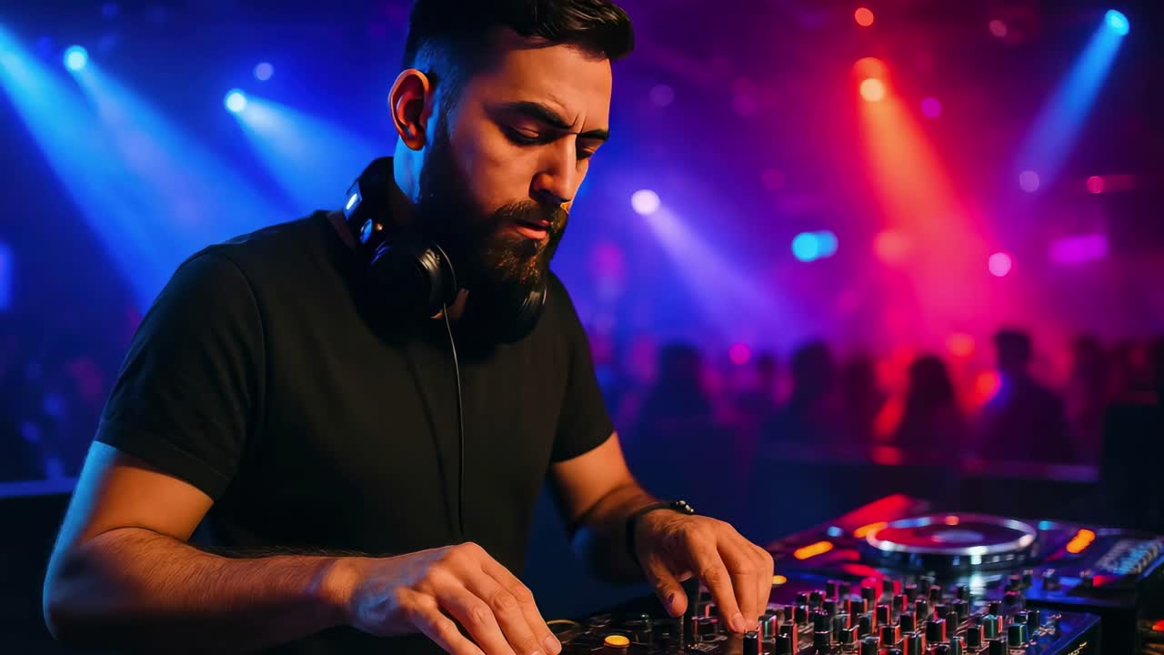 Un DJ in un vivace club mixa dei brani, ripreso da un'angolazione dal basso