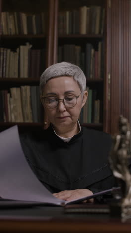 elderly woman in formal attire reading documents in a library