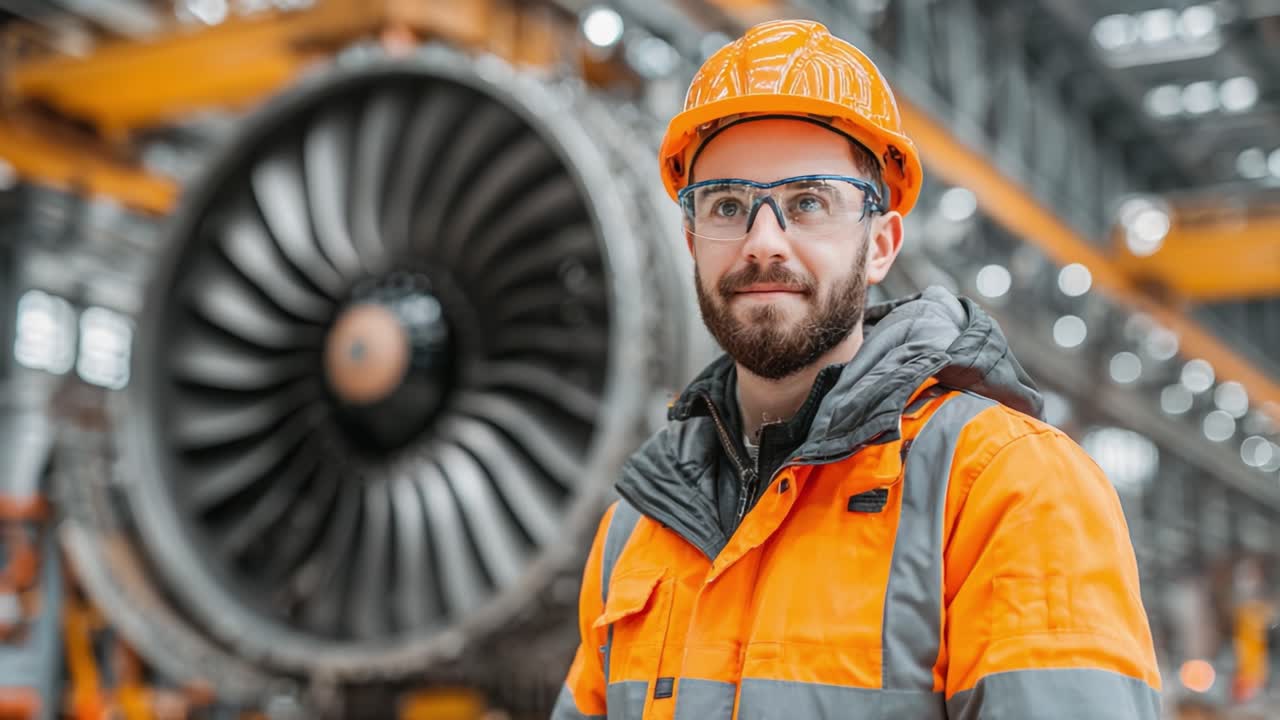 A dedicated young professional wears safety gear as he stands confidently in front of a large jet engine, showcasing his commitment to the aviation industry and engineering excellence