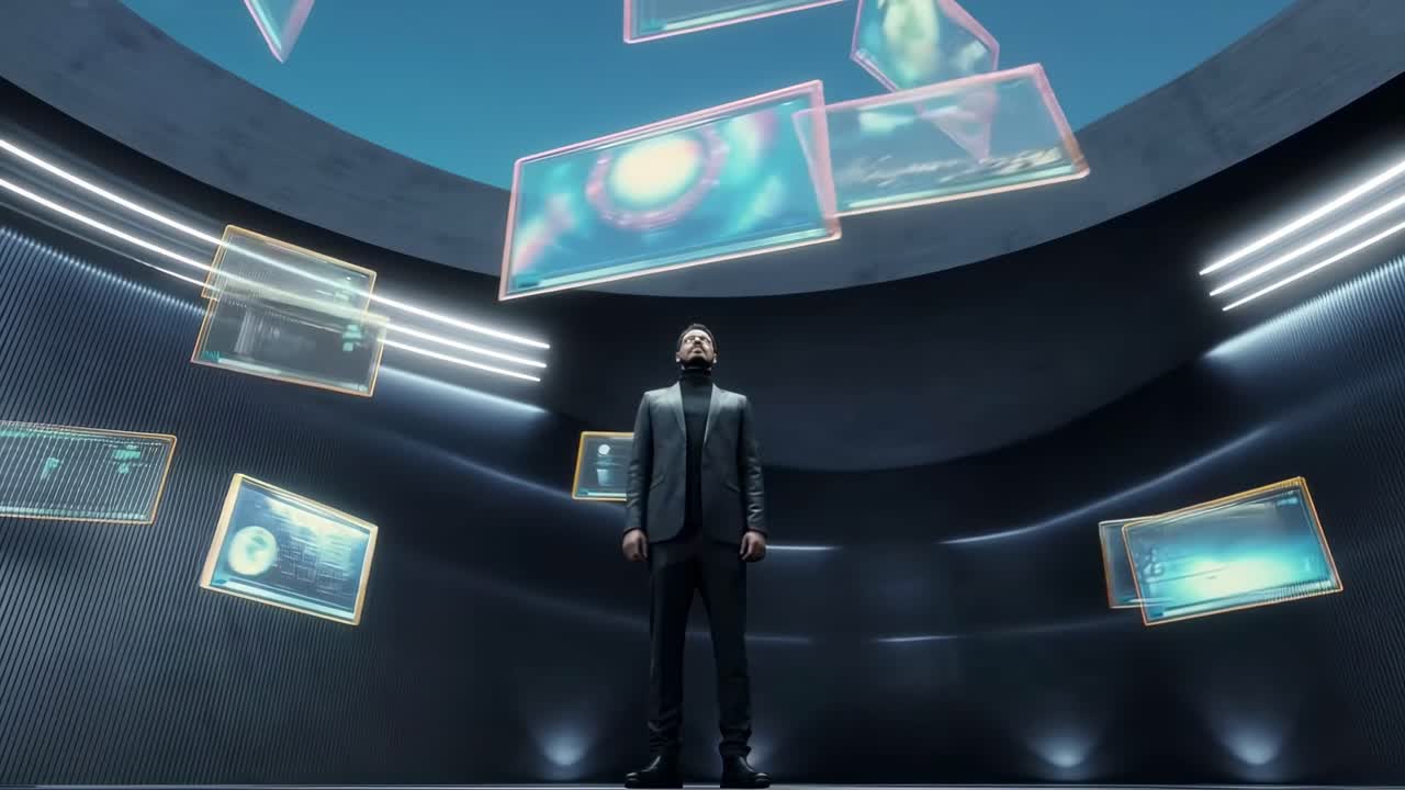 Futuristic video concept with a low-angle view of a man surrounded by floating screens