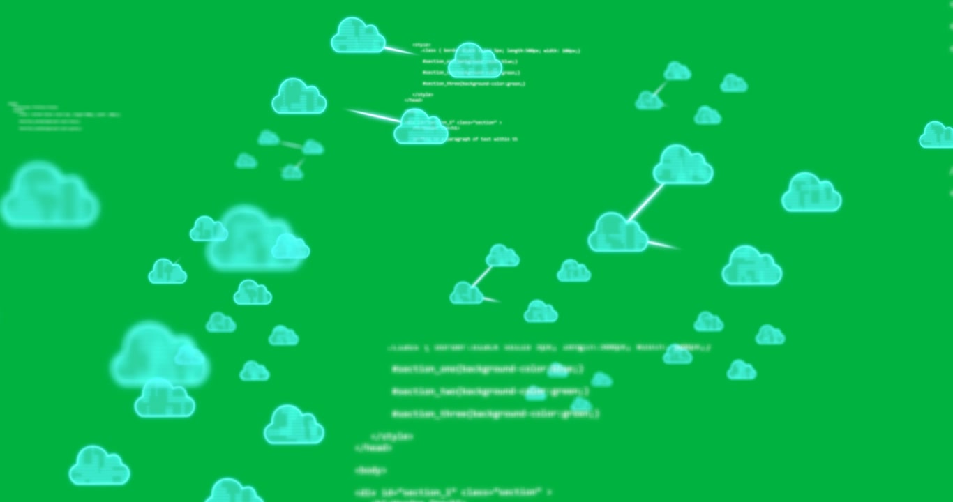 Animation of computer data processing and clouds on transparent background