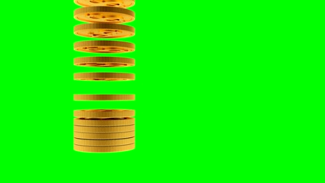 animación en 3d de monedas de oro de un dólar que caen apiladas en una columna.4k