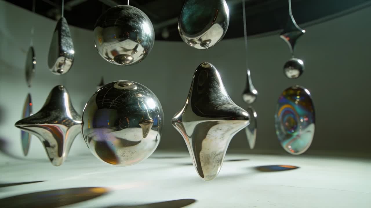 Kameraet panorerer, reflekterende skulpturer svajer og roterer i et galleri, visende højdepunkter og ledninger.