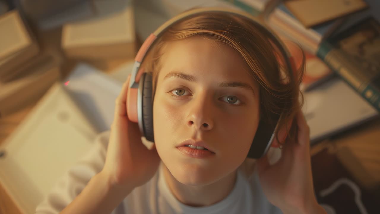 Lifting hands student placing and holding headphones at home, seeking focus with books