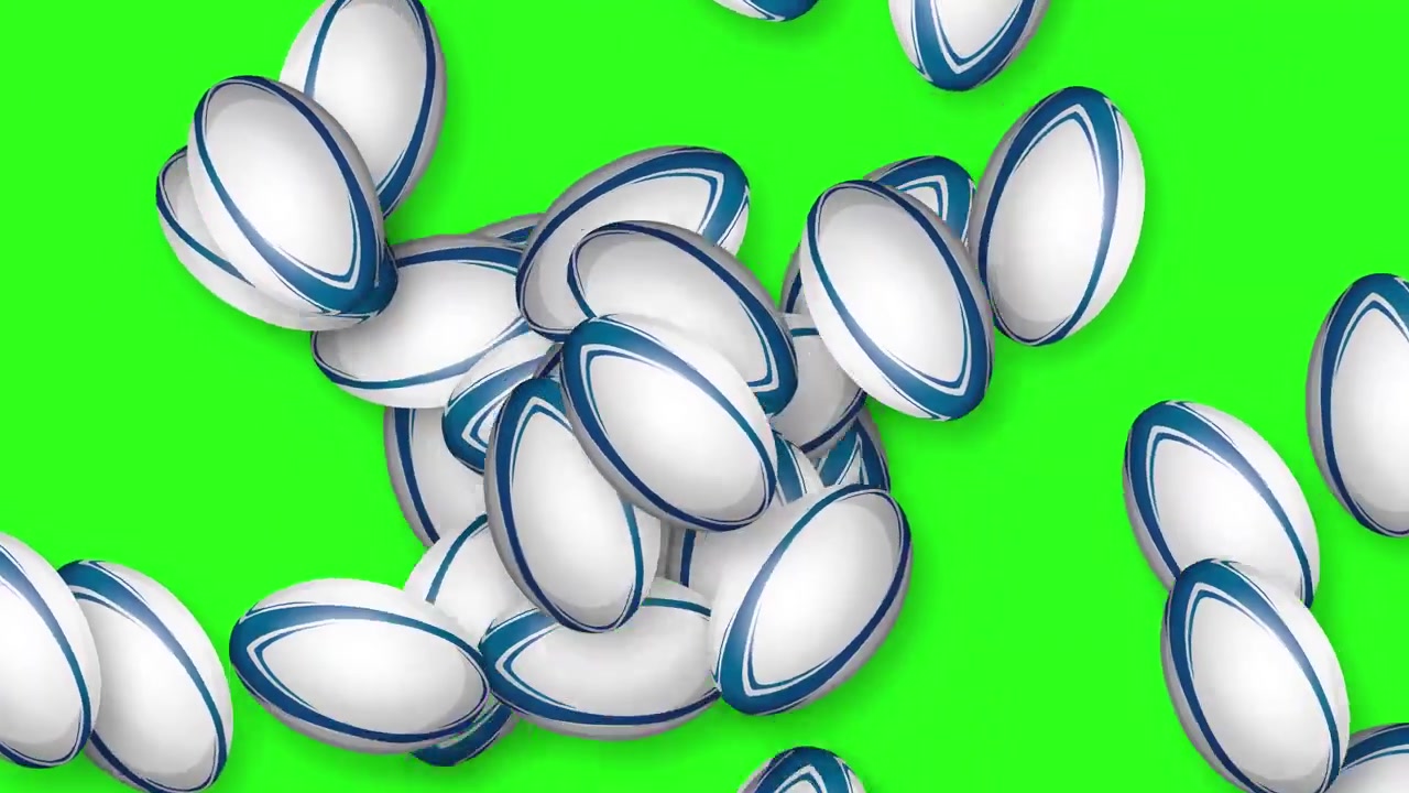 Animazione 3D dinamica di più palloni da rugby che esplodono e rimbalzano su uno sfondo green screen.