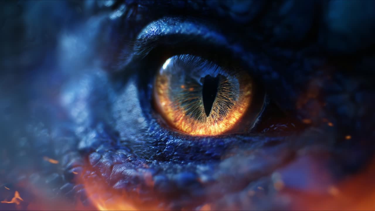 A captivating close-up of a dragon's eye, showcasing intricate details of its vibrant orange iris, surrounded by deep blue scales and an ethereal glow that hints at a powerful magical presence in a mystical realm