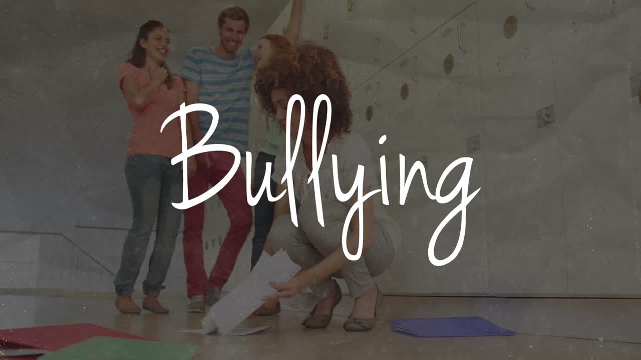 Bullying text against group of college students making fun of girl in college against flickering bac