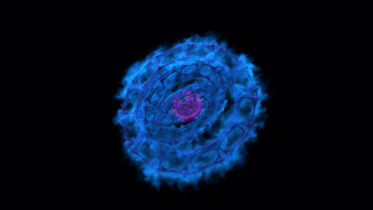 humo emitido por anillos puntiagudos que giran alrededor de una bola de plasma sobre un fondo transparente