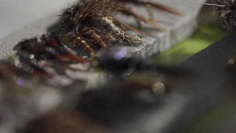 zoom macro en la toma de moscas de patrón de ninfa húmeda atada marrón, caja de aparejos de pesca con mosca de trucha