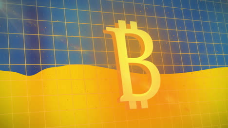 animación del símbolo de bitcoin sobre los cuadrados y la bandera de ucrania
