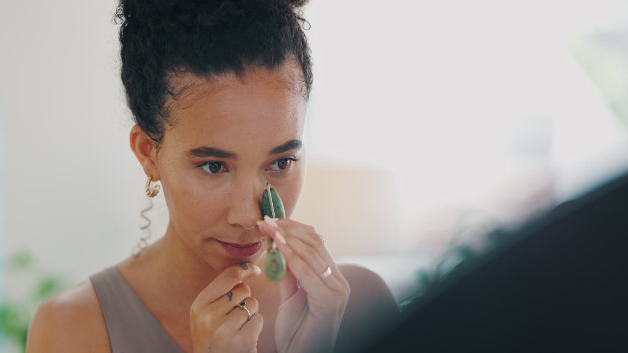 mujer usando un rodillo de jade para masaje facial