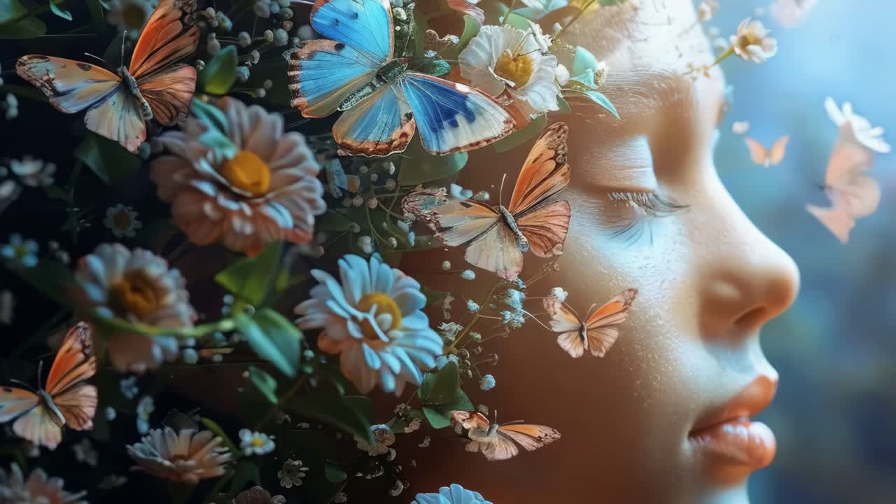 A woman's face is covered in flowers and butterflies, mental health concept