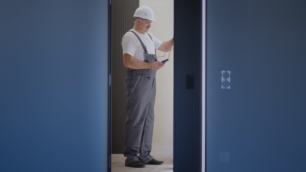 Electrician checks the operation of the wall control unit of lamps with the system of modern house after installation and repair