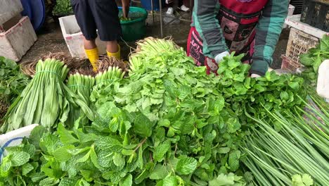 person preparing vegetable bundles at a market stall