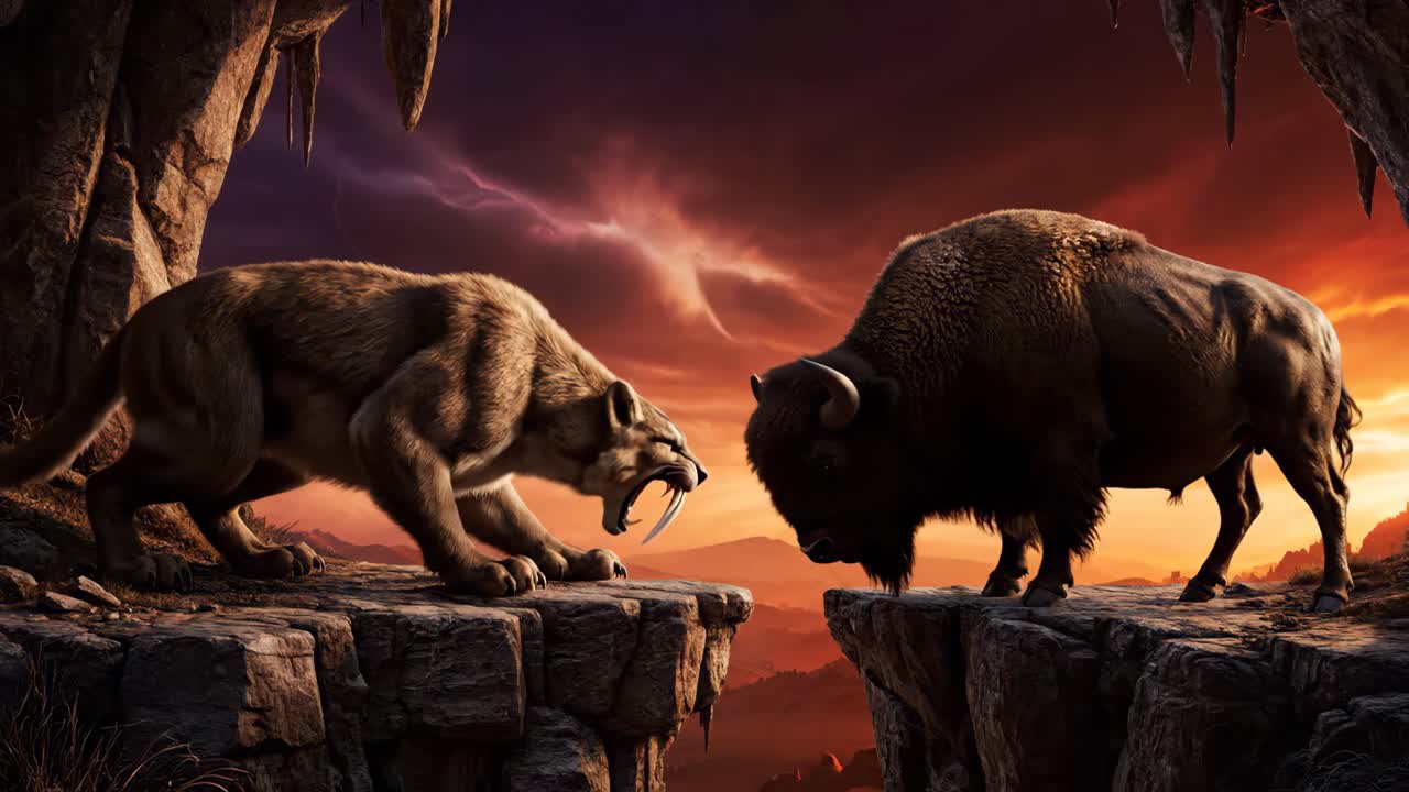 Lion and Bison Confrontation on a Cliff at Sunset