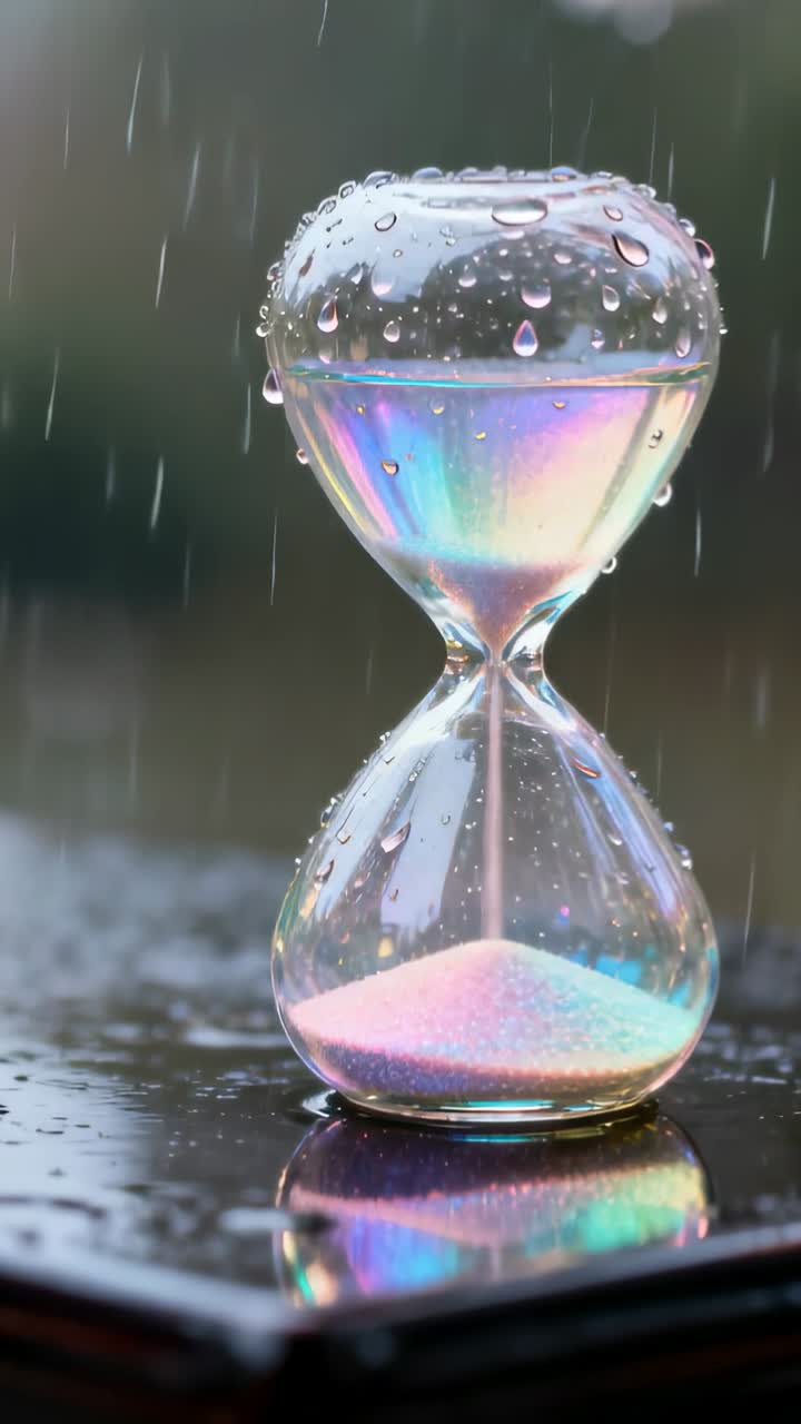 Vertical video: Rain driving pastel sand through iridescent hourglass on wet table droplets beading