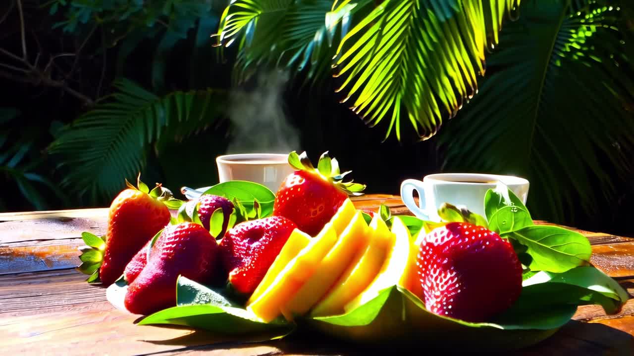 Steaming hot beverage paired with fresh fruit creates a serene tropical breakfast scene, inviting relaxation and enjoyment in the morning sun