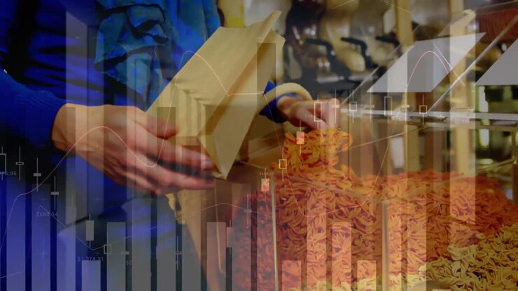 Animation of data processing over caucasian woman in shop