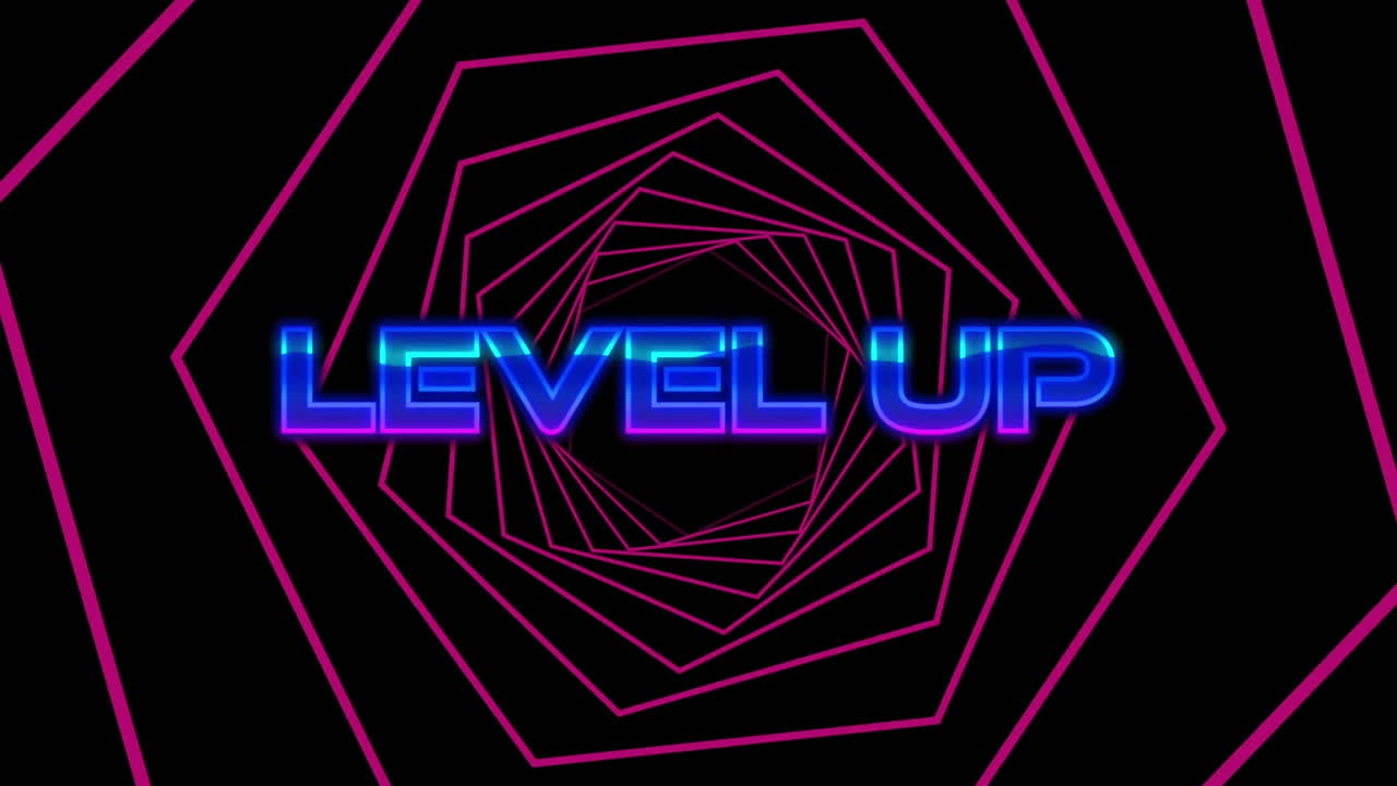 efecto de falla sobre el texto de nivel superior sobre los hexágonos rosados que giran en movimiento continuo sobre fondo negro