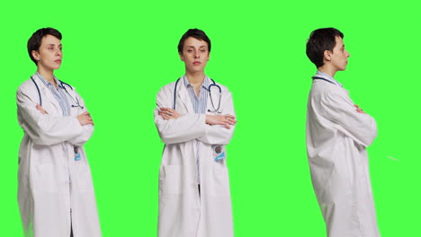 mujer médica posando con los brazos cruzados en un abrigo blanco