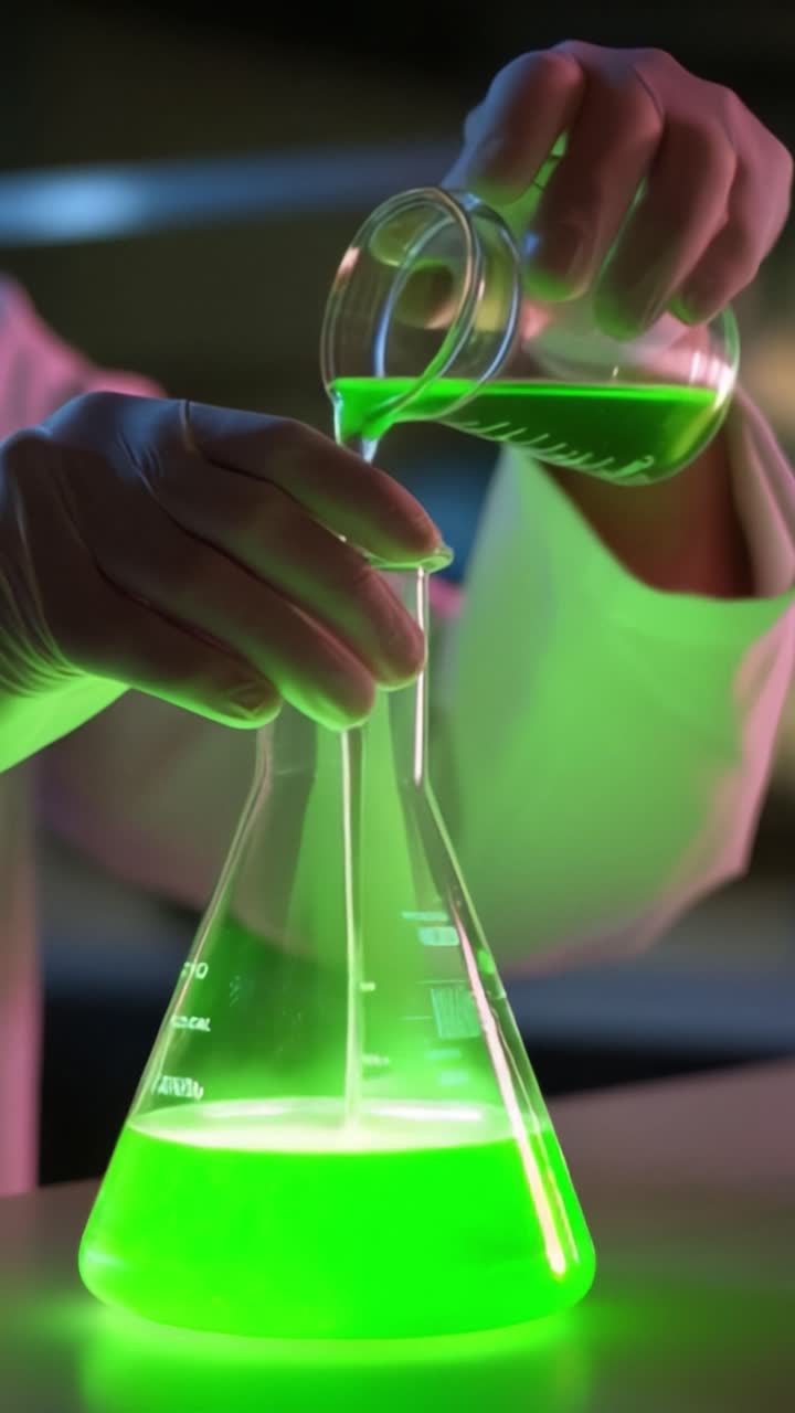 Laboratory Experiment: A Chemist Pours Vibrant Green Liquid Into a Beaker, Creating Magical Reactions and Emitting Steam, Signifying Exciting Scientific Discoveries