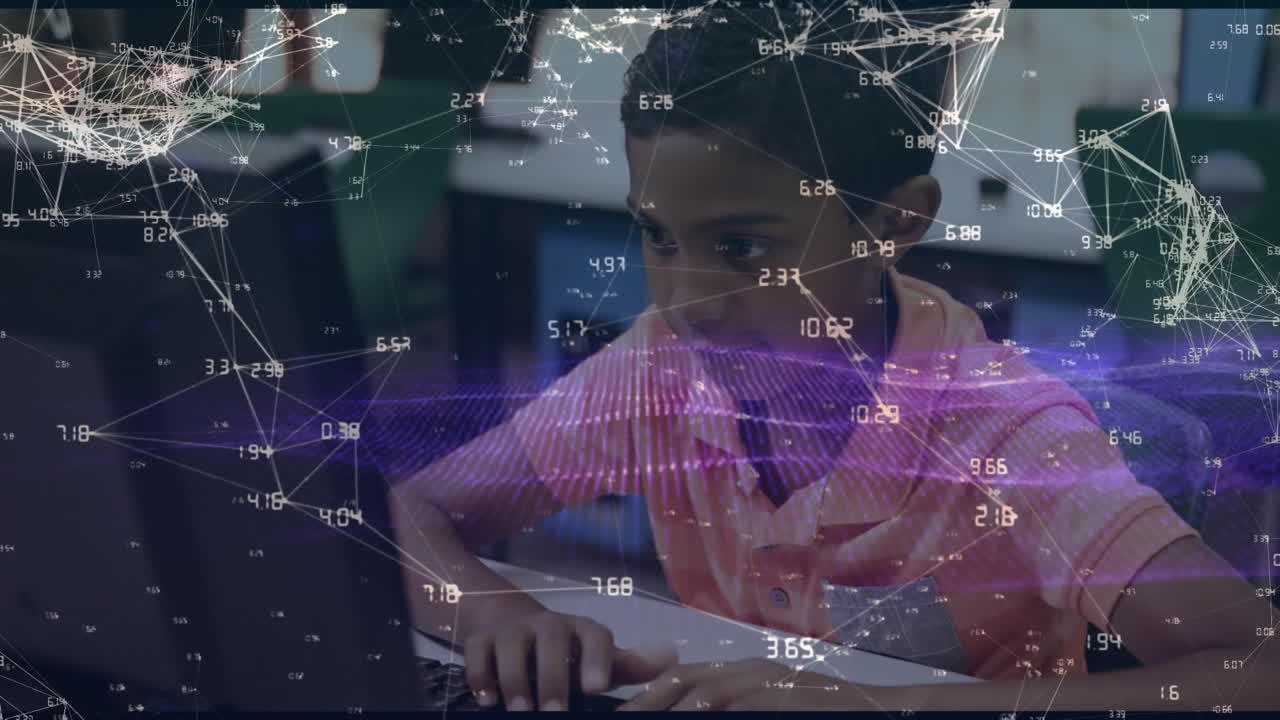 Animation of network of connections over biracial schoolboy using computer