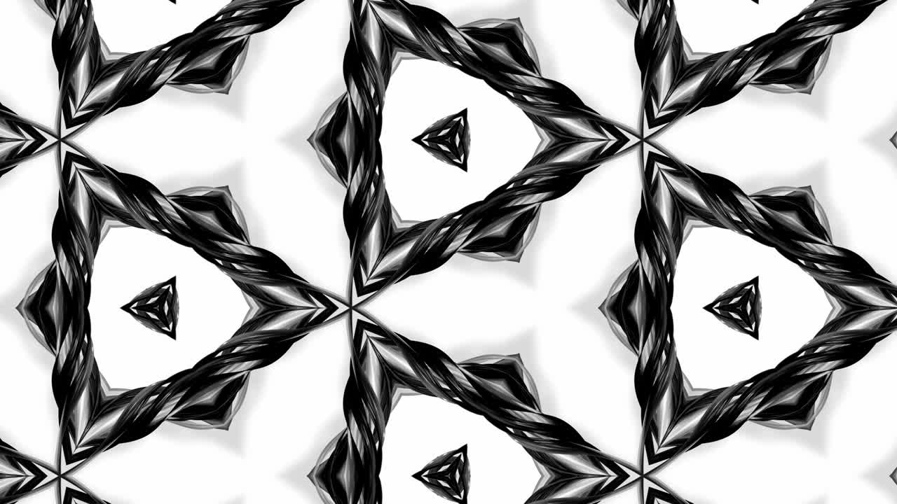 4k seamless looped animation of black and white pattern with ribbons are twisted and formed complex structures like symmetric ornament pattern or kaleidoscopic
