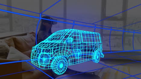 animación de dibujo técnico 3d de la furgoneta, sobre la mujer en casa con auriculares vr