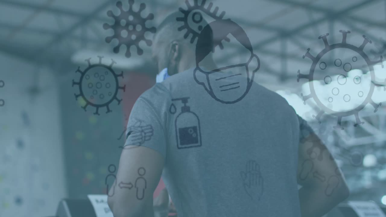 코로나19 아이콘의 애니메이션이 아프리카계 미국인 남자가 마스크를 쓰고 운동을 하고 있습니다.