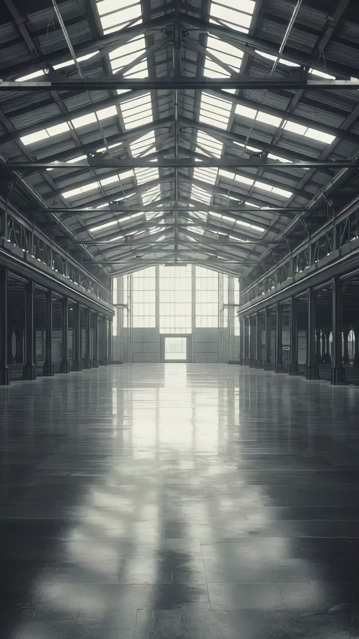 Vertical video: Showing central hall skylights shifting light as sun moving at warehouse with beams