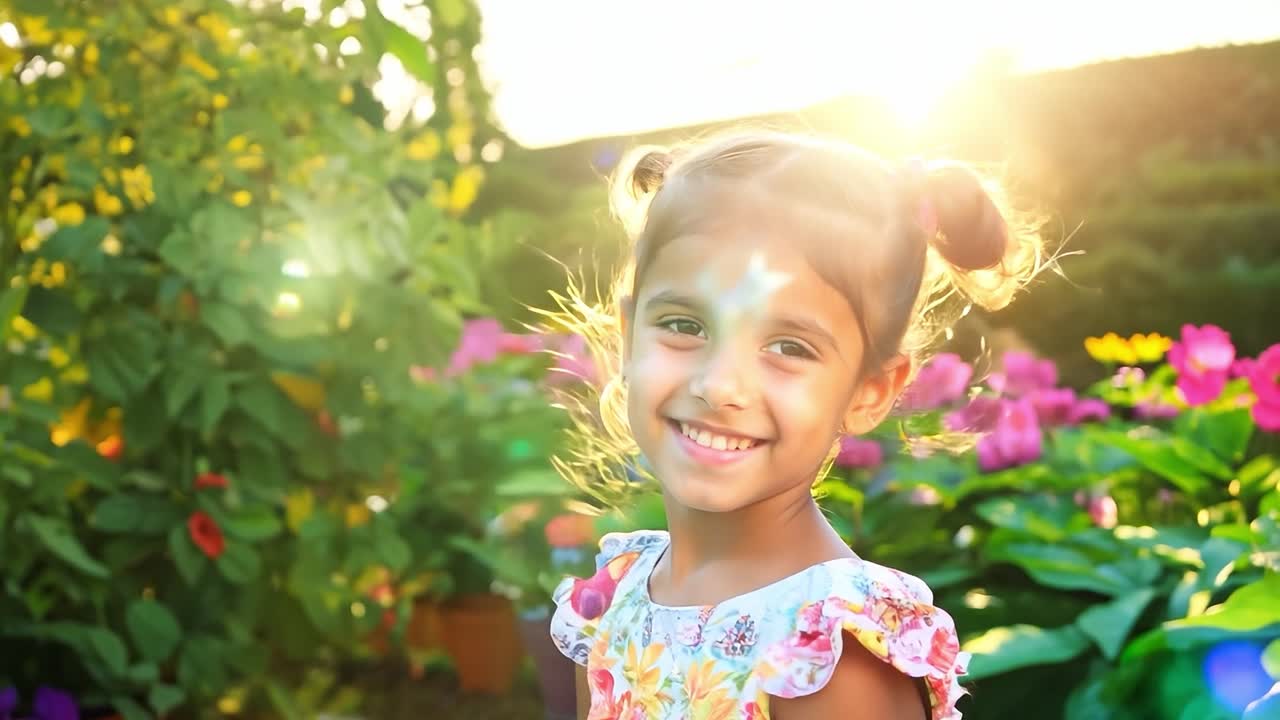 una niña sonríe felizmente en un jardín