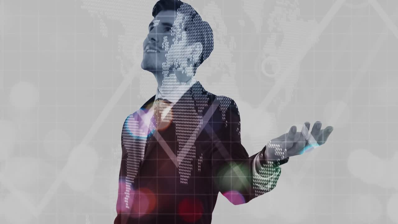 animación de un mapa del mundo giratorio sobre un feliz hombre de negocios caucásico casual con la mano abierta extendida