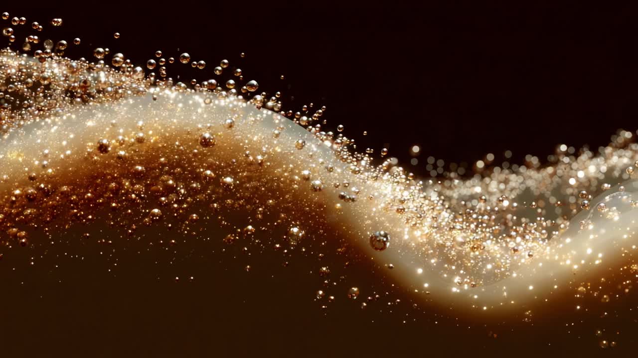 A Stunning Close-Up of Bubbles Forming a Wave of Sparkling Liquid Through a Dark Background, Showcasing the Beauty and Movement Within the Fluid Dynamics of the Scene
