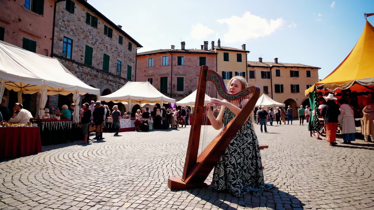 A woman playing a harp at a vibrant medieval festival or historical fair