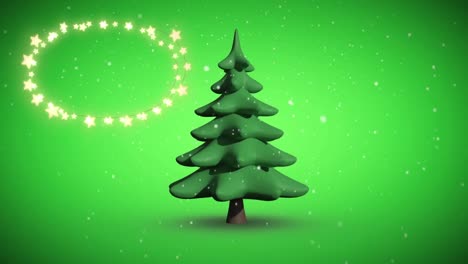 Animation-of-fairy-lights-frame-with-copy-space-and-christmas-tree-on-green-background