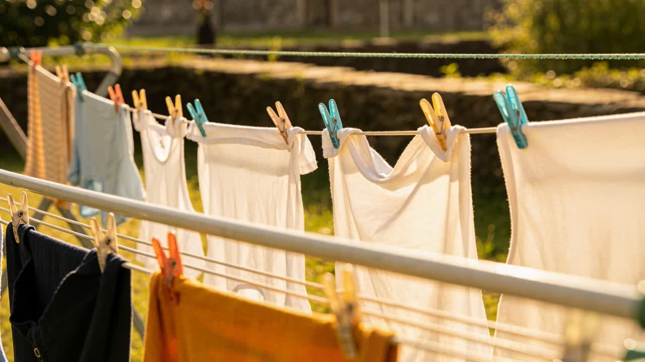Billowing line and metal rack shifting in backyard from breeze with white shirts hanging and drying