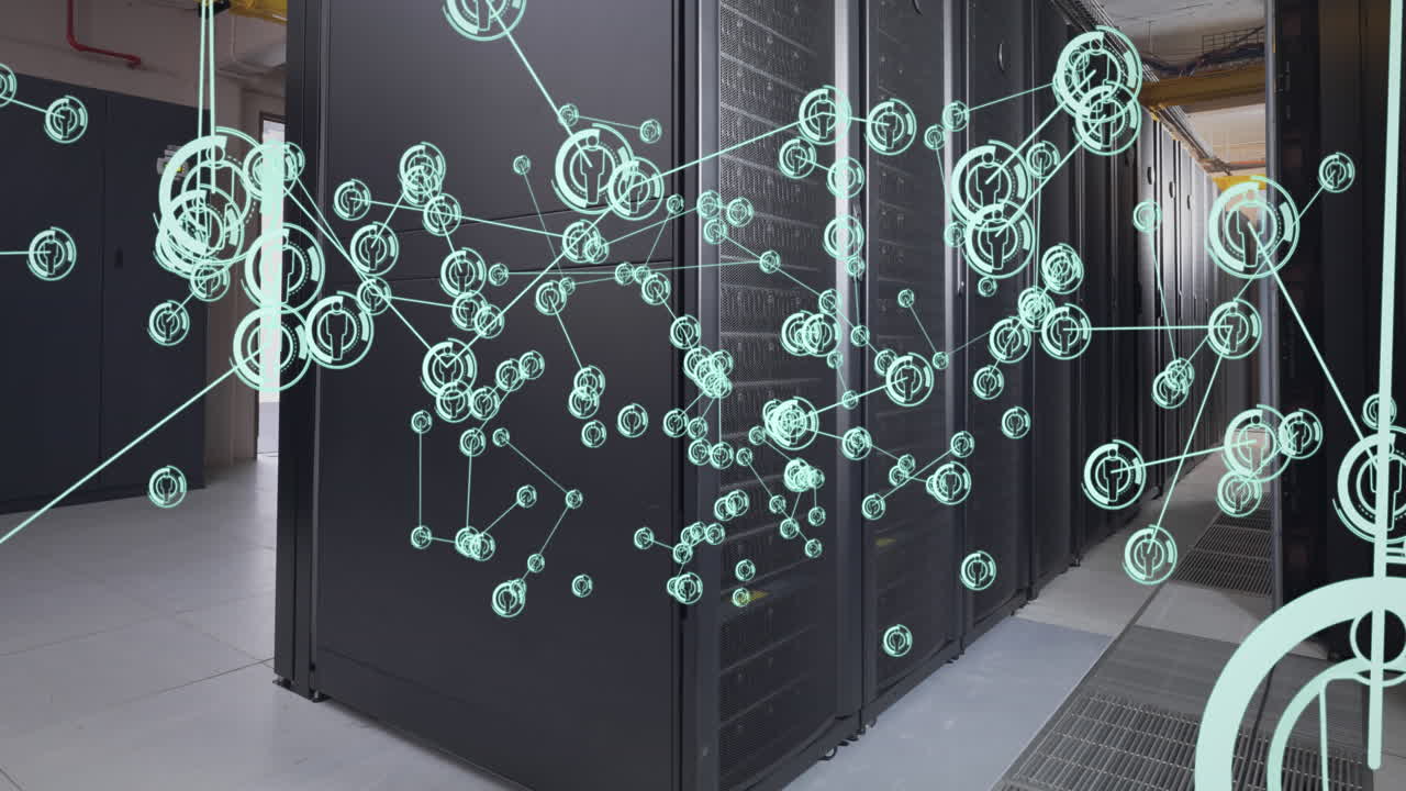 animación de la red de iconos de perfil contra la sala de servidores de la computadora.