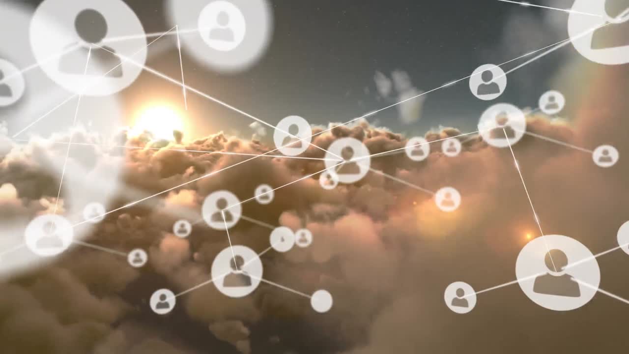 하늘 위의 아이콘으로 연결 네트워크의 애니메이션