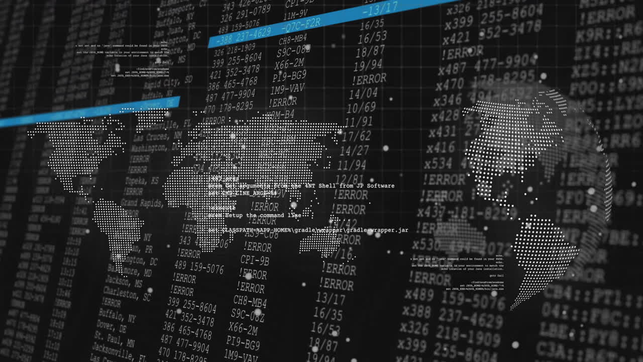 Digital world map and error codes over financial data processing animation