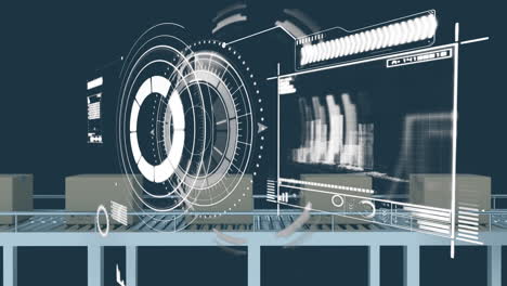 digital interface with data processing over multiple boxes on conveyor belt against blue background