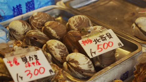 hard clam - shellfish with price tag display on the fish market