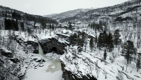 frozen waterfall in desolate and remote norwegian snow-covered winter landscape