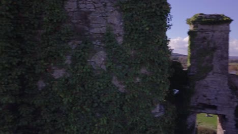 aerial pan scans the top of menlo castle in galway, ending on the river corrib