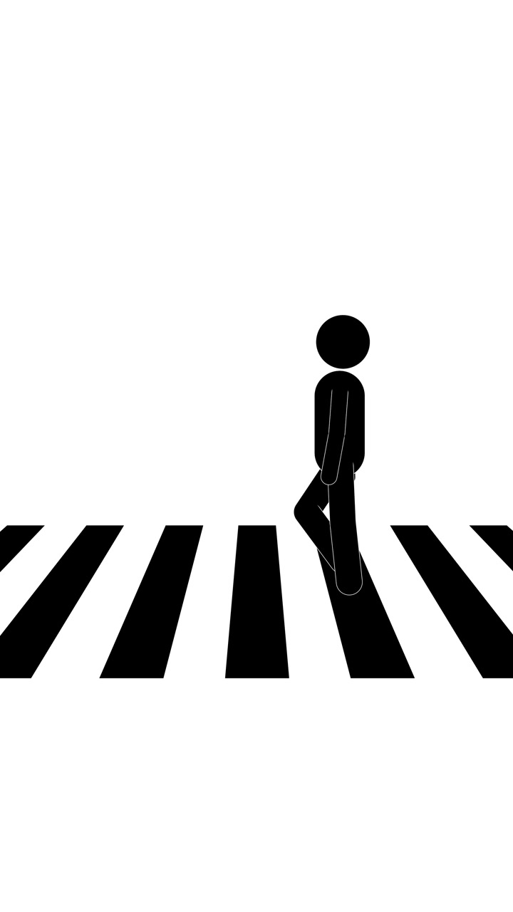 Animazione minimalista in loop di omini stilizzati che camminano su strisce pedonali stilizzate in sequenza verticale.