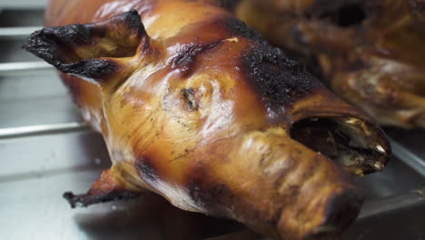 detail of roasted piglet's head on restaurant stand - b-roll - close up slow motion